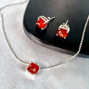 NWOT Macy's Sterling Silver Cushion Cut Red Agate Necklace and Earrings Set
